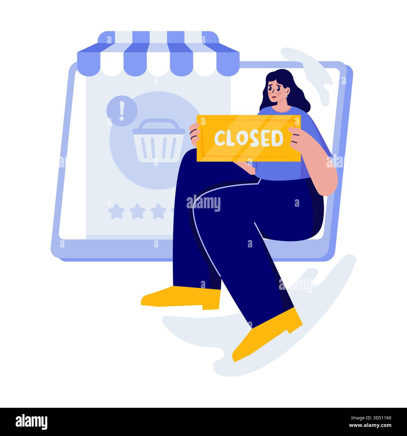 Propriétaire de magasin informant en ligne l'annonce de fermeture de magasin conception plate Illustration de Vecteur