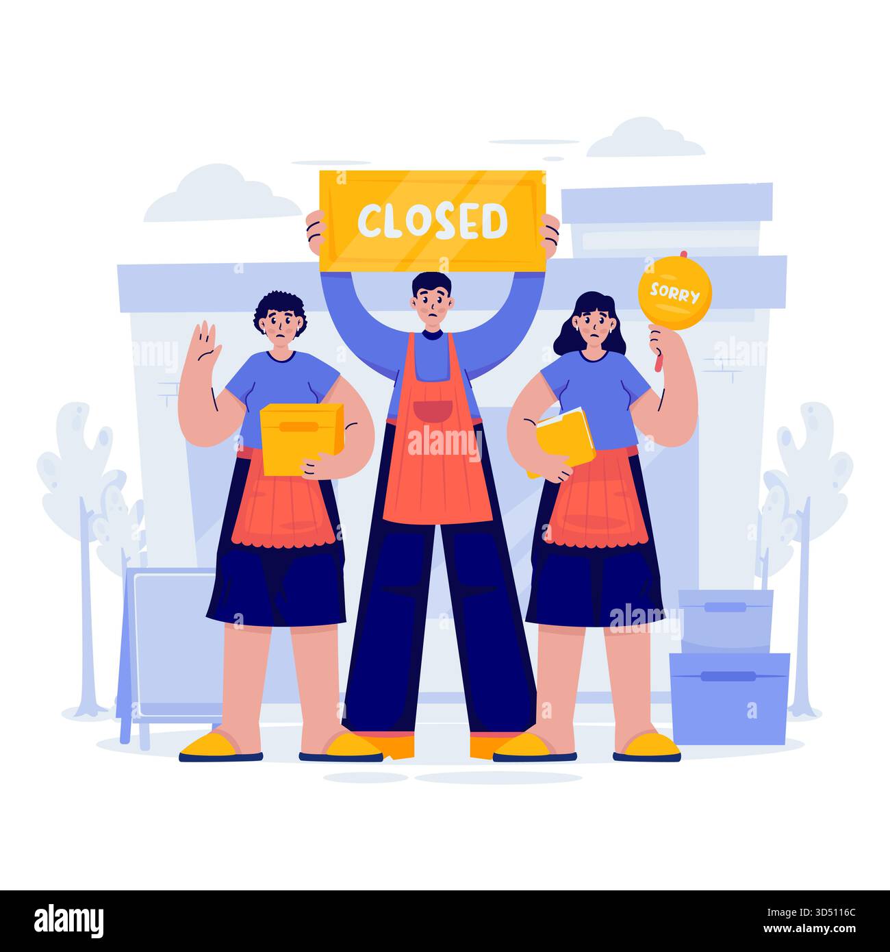 Employés annonçant la conception plate de fermeture d'entreprise Illustration de Vecteur
