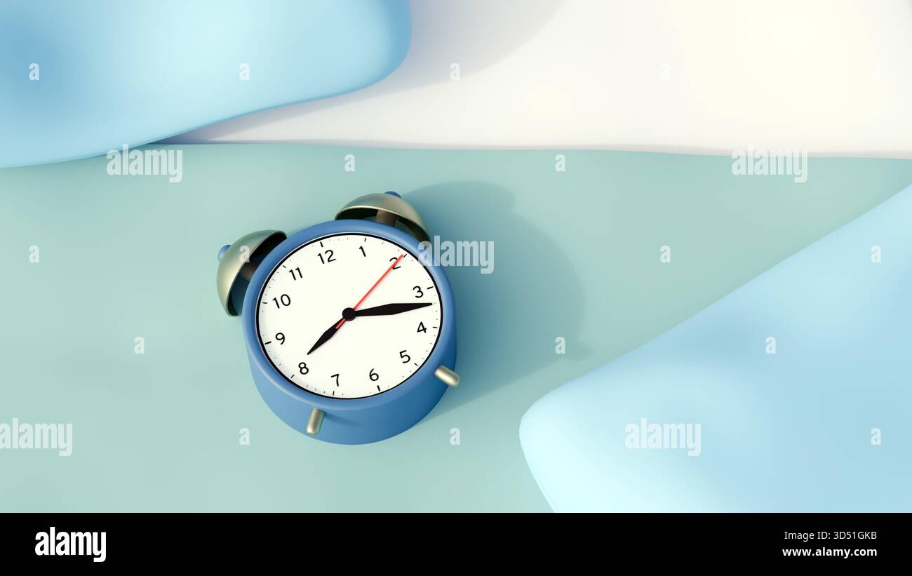 Un rendu 3D de petit réveil à double cloche repose sur une surface plane, un oreiller ou des éléments de literie moelleux, renforçant le thème du sommeil. Banque D'Images