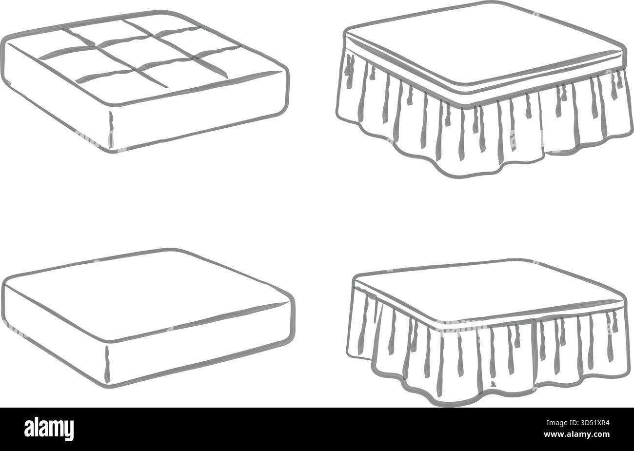 Collection de lignes noires de quatre styles de matelas et sommiers rectangulaires, comprenant des coussins unis et des sommiers à baldaquin. Illustration de Vecteur