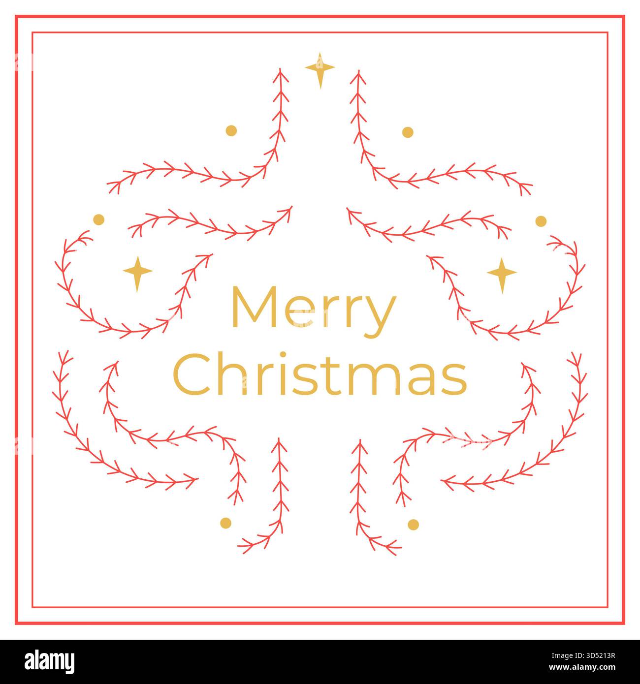 Carte de Noël minimaliste avec branches de pin rouge dessinées à la main et lettrage doré. Ce design minimaliste et festif est parfait pour les invitations, les affiches, Banque D'Images