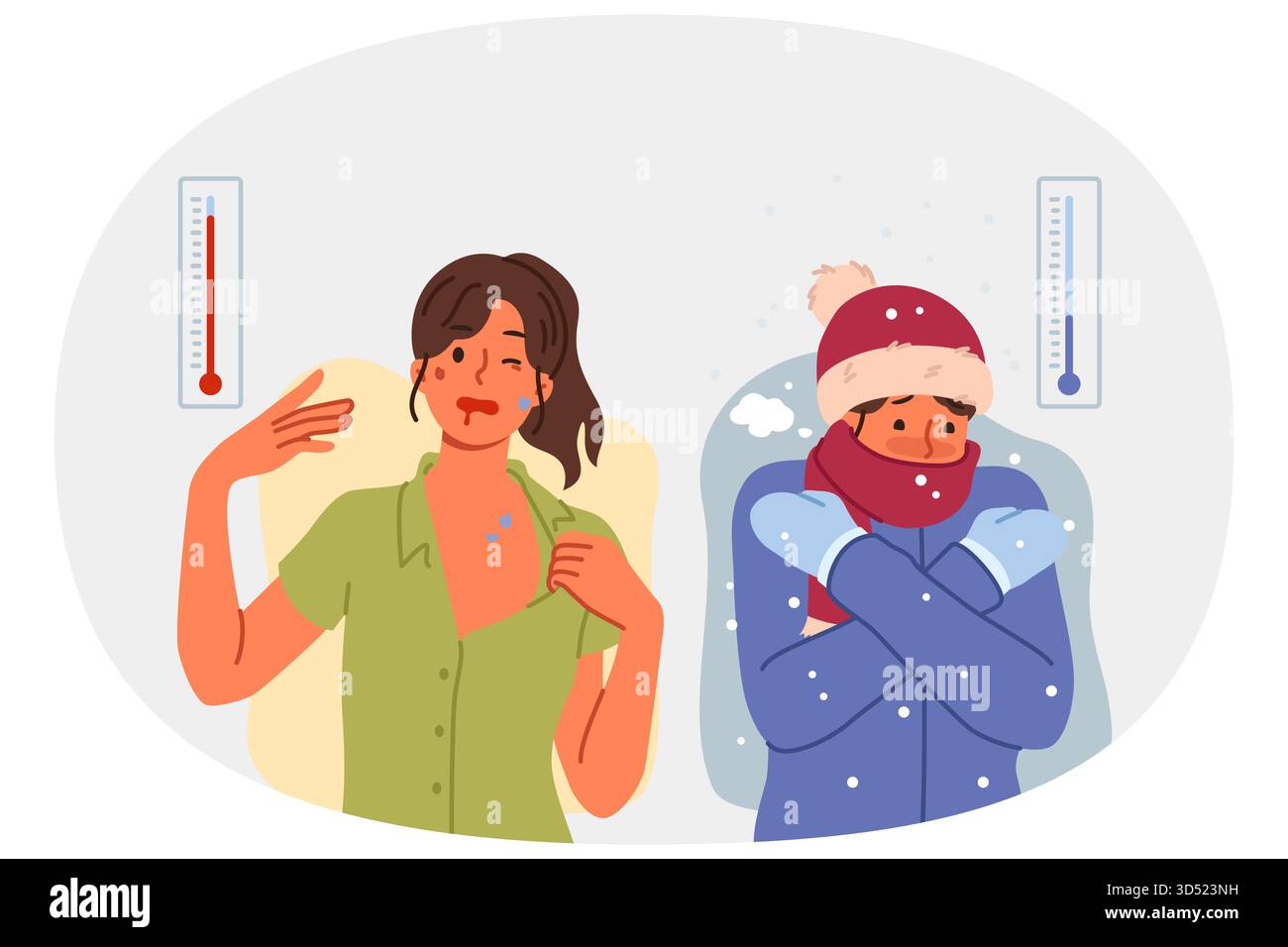 Les conditions météorologiques extrêmes causent des problèmes aux personnes souffrant du froid hivernal et de la chaleur estivale Illustration de Vecteur