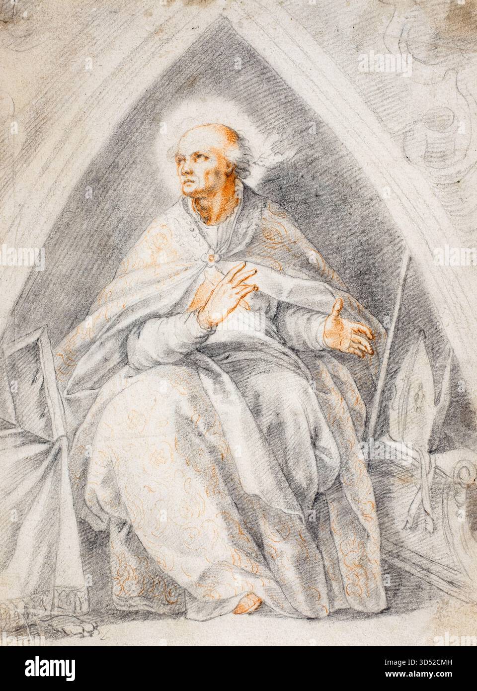 Giuseppe Cesari dit Cavaliere d'Arpino, Saint Grégoire le Grand, (540-604), assis, portrait dessiné à la craie, avant 1640 Banque D'Images