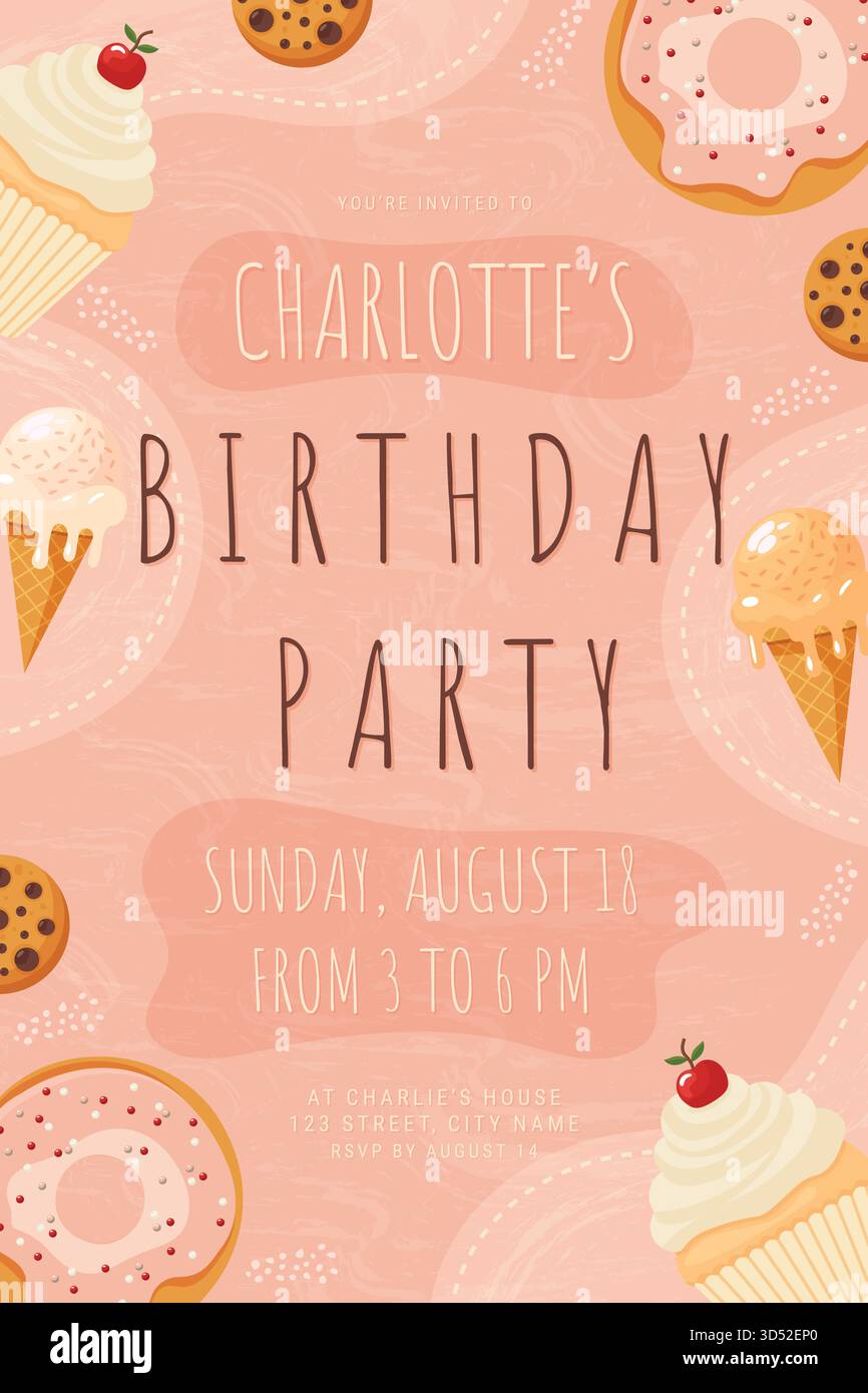 Sweet dessert Girls Birthday Party vertical invitation Template. Illustration de Vecteur