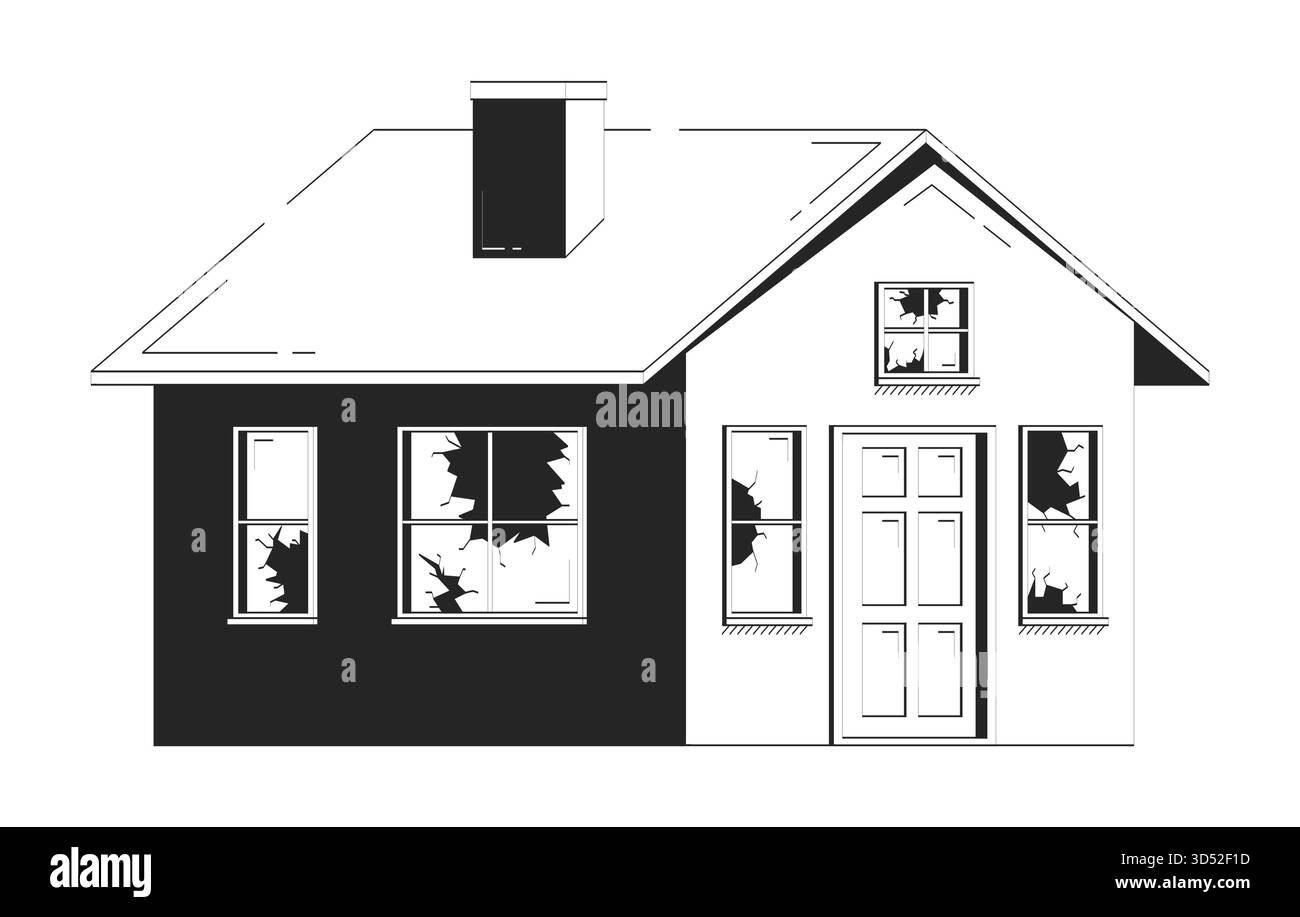 Maison endommagée fenêtres cassées Doodle lineart illustration Illustration de Vecteur