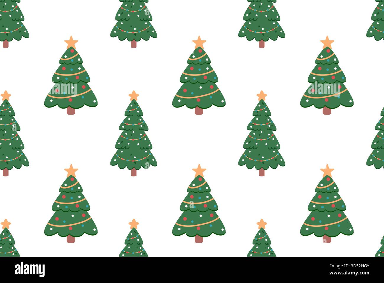 Simple motif festif sans couture avec un sapin de Noël décoré de guirlandes et d'étoiles. Éléments de conception dessinés à la main. Joyeuses fêtes. Illustration de Vecteur