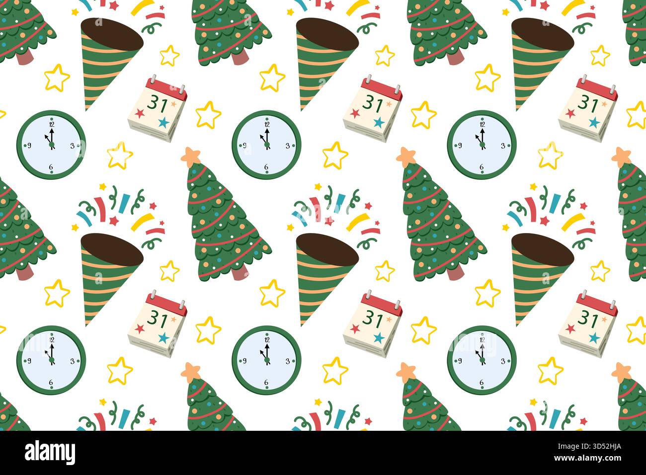 Motif festif sans couture avec un sapin de Noël, des pétards et des guirlandes. Éléments de conception dessinés à la main. Joyeuses fêtes Illustration de Vecteur