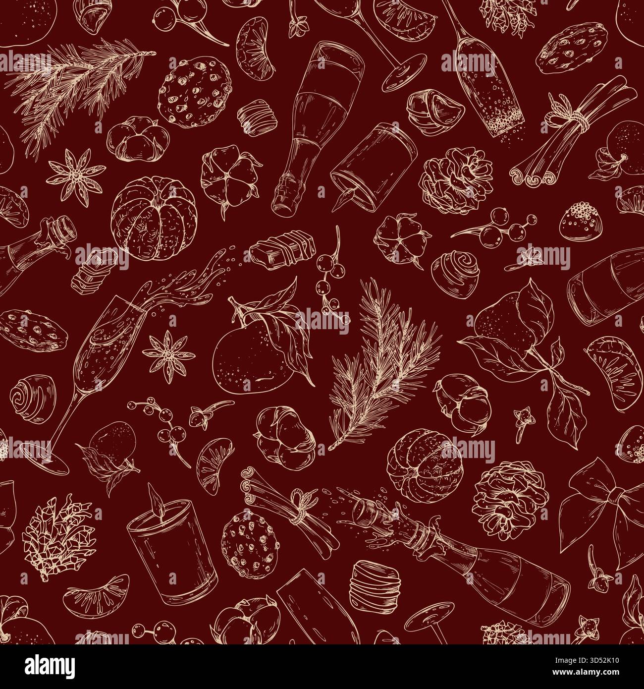 Motif sans couture dessiné à la main avec champagne, pommes de pin, biscuits et mandarines. Ce motif graphique festif est parfait pour emballer le nouvel an Illustration de Vecteur
