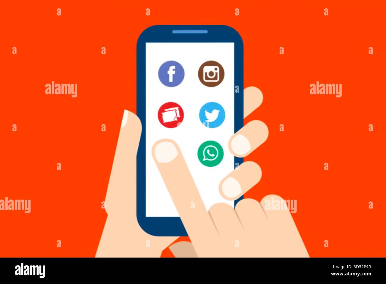 téléphone mobile en main, icônes de réseaux sociaux à l'écran. Banque D'Images