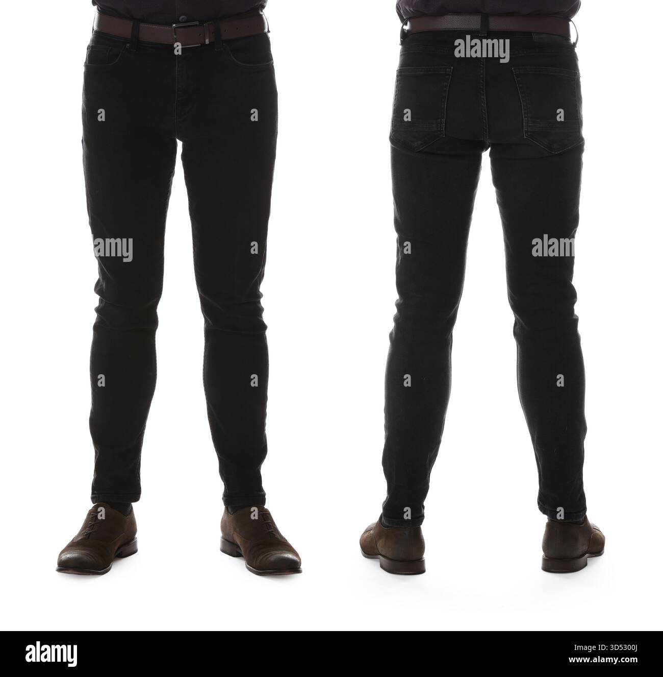 Homme portant un Jean noir sur fond blanc, gros plan. Collage des vues arrière et avant Banque D'Images