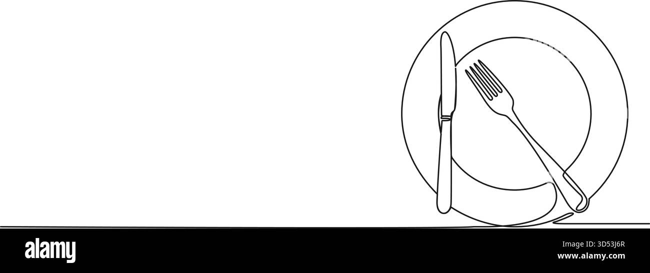 dessin de ligne continue de fourchette et de couteau sur l'assiette à dîner, illustration vectorielle d'art au trait Illustration de Vecteur
