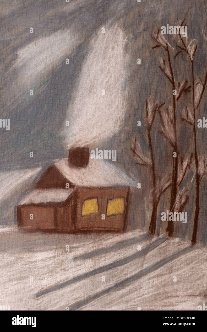 Maison en saison hivernale en utilisant pastel dans un style naïf Banque D'Images