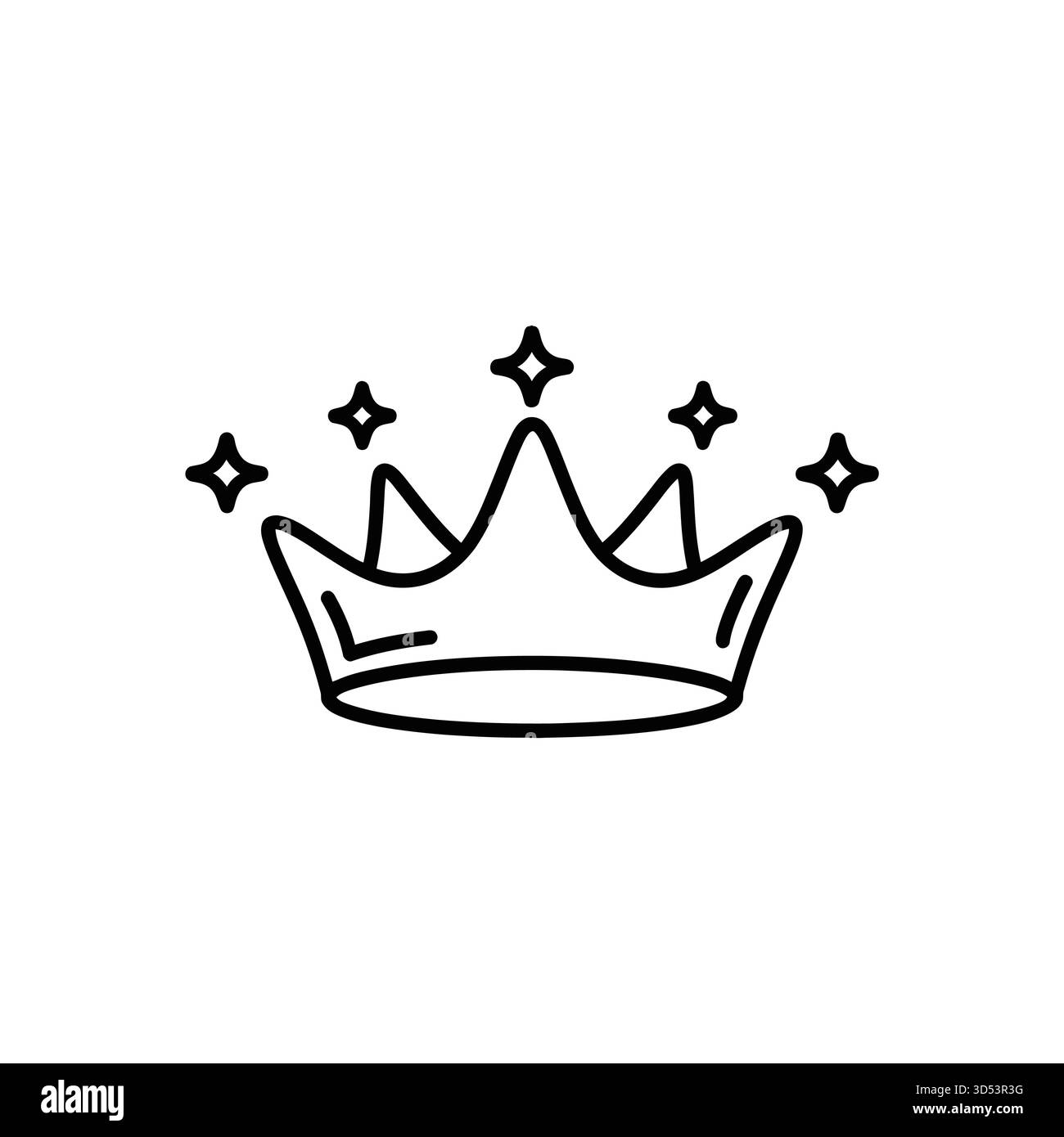 Dessin minimaliste en noir et blanc d'une couronne royale ornée de quatre étoiles scintillantes, symbolisant la royauté et la magie. Illustration de Vecteur