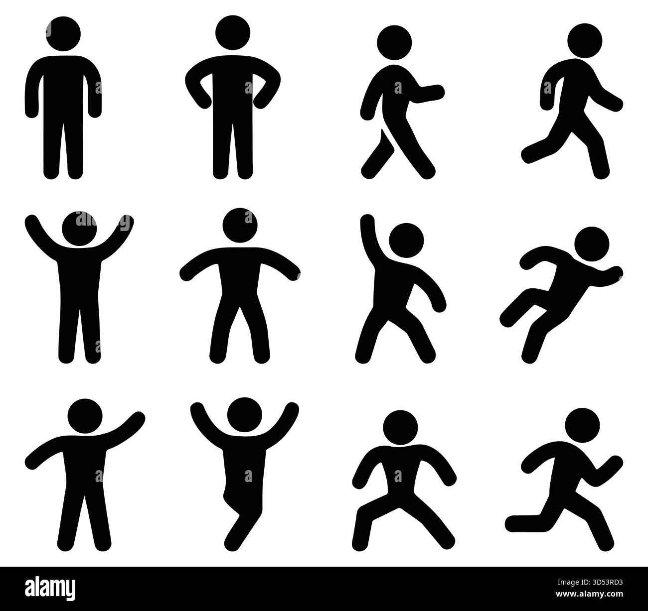 icônes de figure de bâton humain, ensemble d'homme de saut en cours d'exécution debout, conception vectorielle noire minimale, illustration d'activité de personnes Illustration de Vecteur