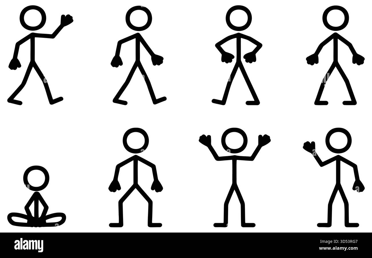 bâton figure de yoga poses, icônes de mouvement d'exercice, vecteur de silhouette de méditation, design de style de vie sain noir blanc Illustration de Vecteur