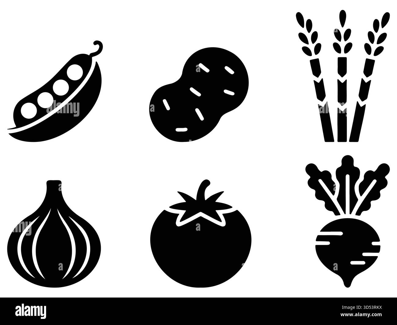 Ensemble d'icônes de légumes, collection de silhouette de pois, pommes de terre, blé, tomate et oignon Illustration de Vecteur