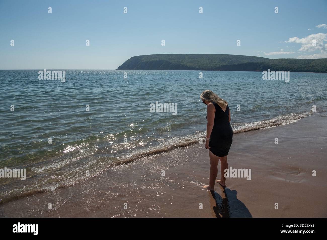 Vue arrière d'une femme mature dans une robe d'été pagayant dans l'eau peu profonde sur une plage en été, Colombie-Britannique, Canada Banque D'Images