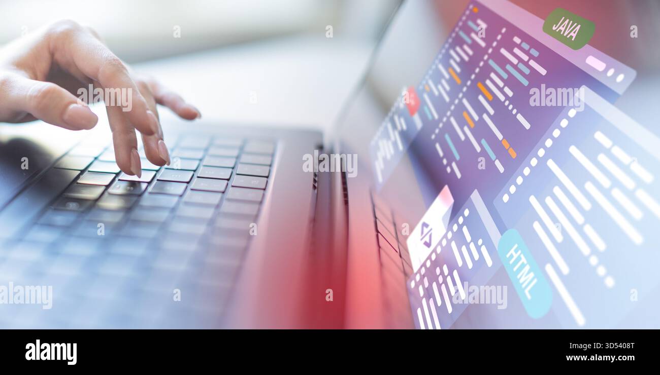 Langages de développement et de programmation logiciels affichés sur une interface de codage virtuelle. Banque D'Images