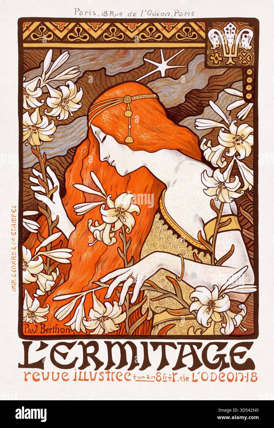 Affiche lithographique couleur de Paul Berthon pour annoncer le magazine littéraire français de la fin du XIXe siècle L'ermitage (aujourd'hui disparu). Banque D'Images