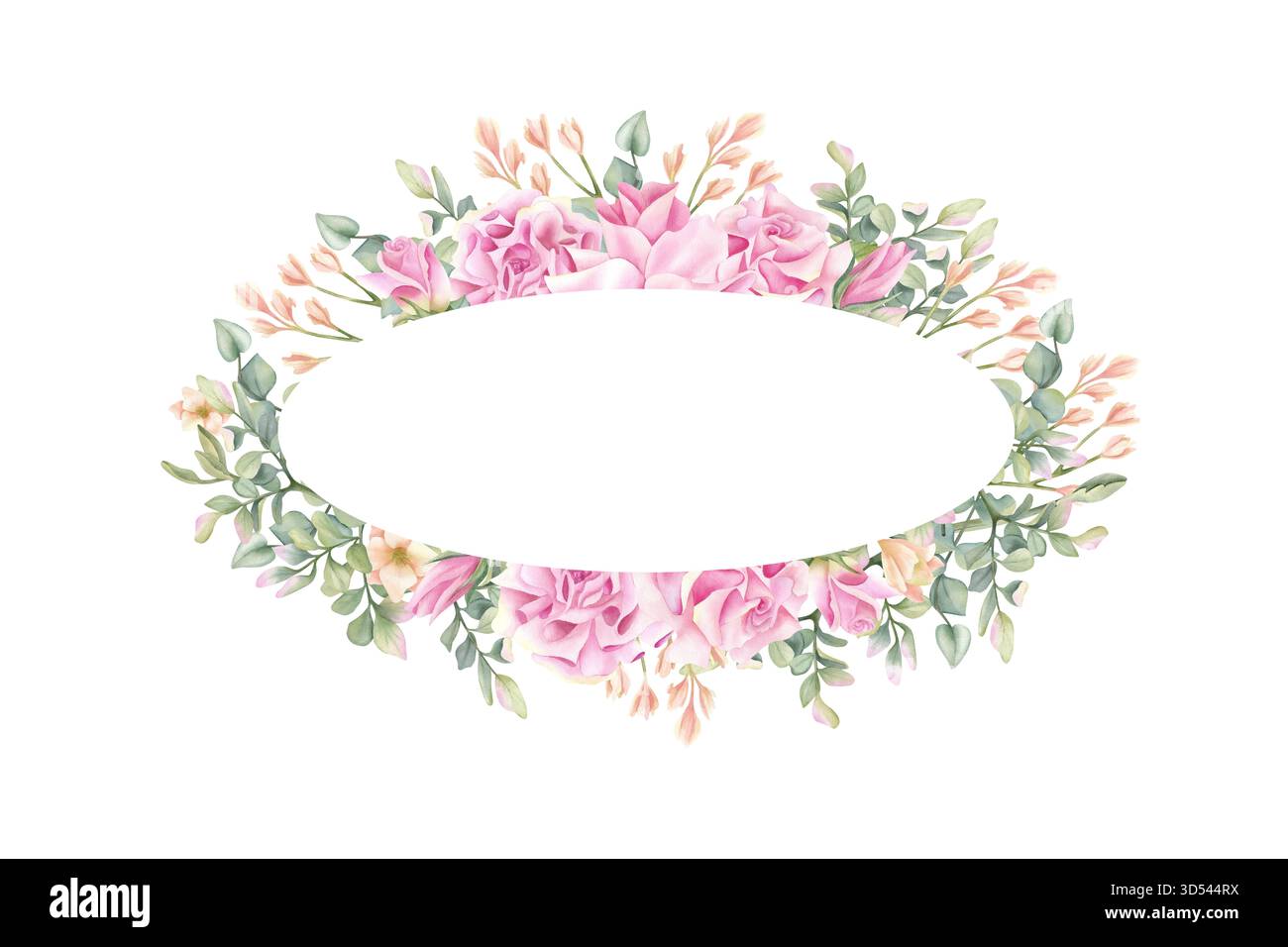 Délicate couronne florale ovale avec rose, fleur freesia, couleur pastel. Cadre aquarelle, modèle, bordure. Feuilles de pistache, feuillage. Isolé Banque D'Images