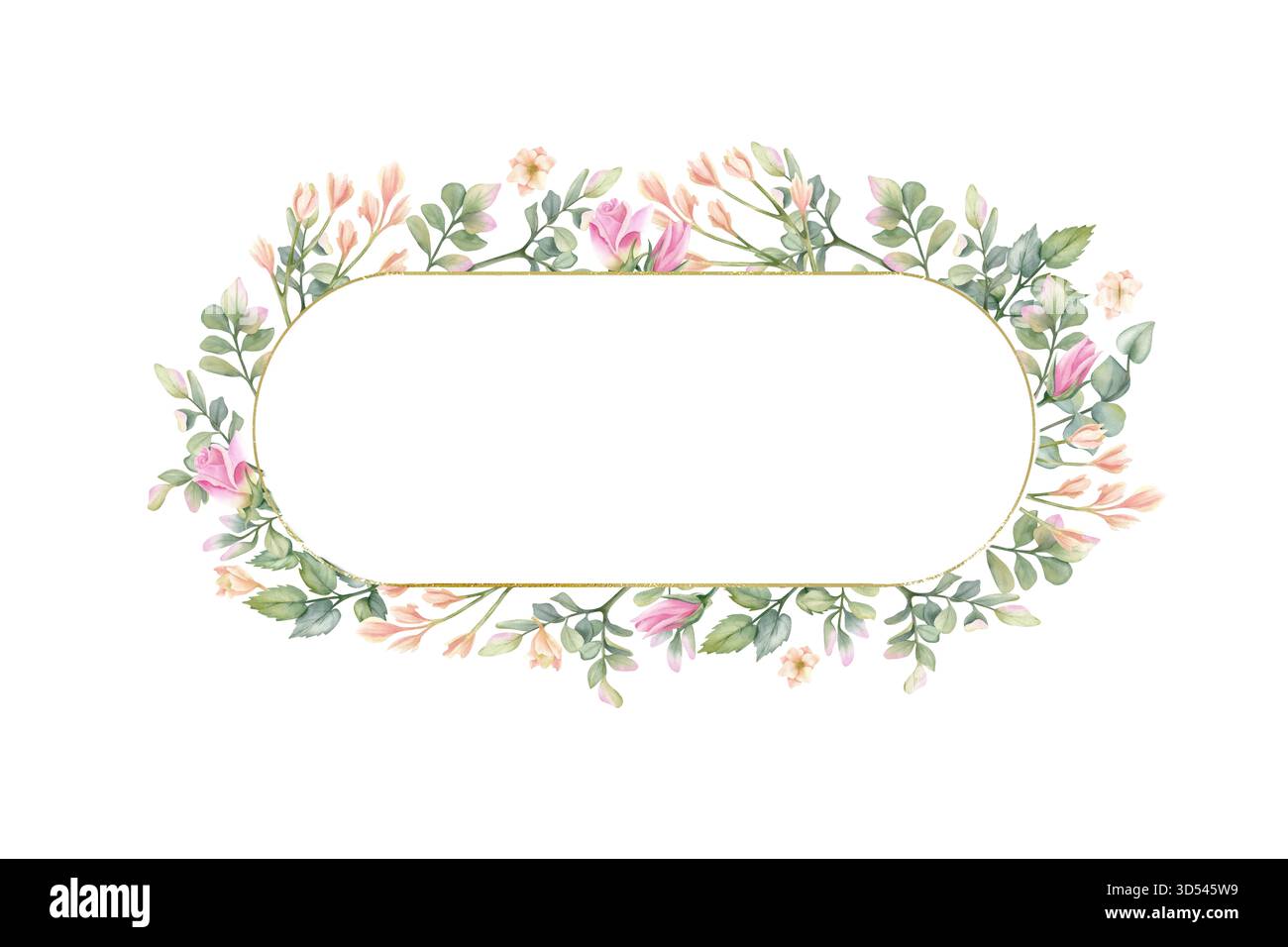 Délicate couronne florale en illustration de style rustique, cadre avec freesia beige, feuilles de pistache, eucalyptus et petite rose, feuillage. Modèle avec Banque D'Images