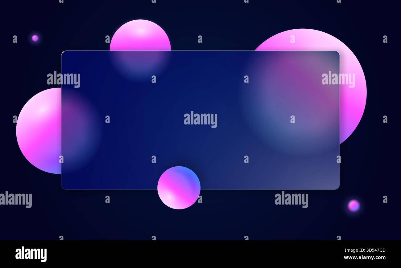 Bannière moderne de glassmorphisme dans les tons lilas bleus avec flou 3D givré. Les sphères transparentes et le morphisme en verre phosphorescent dégradé créent un style géométrique futuriste pour la conception tech ou UI. Illustration de Vecteur