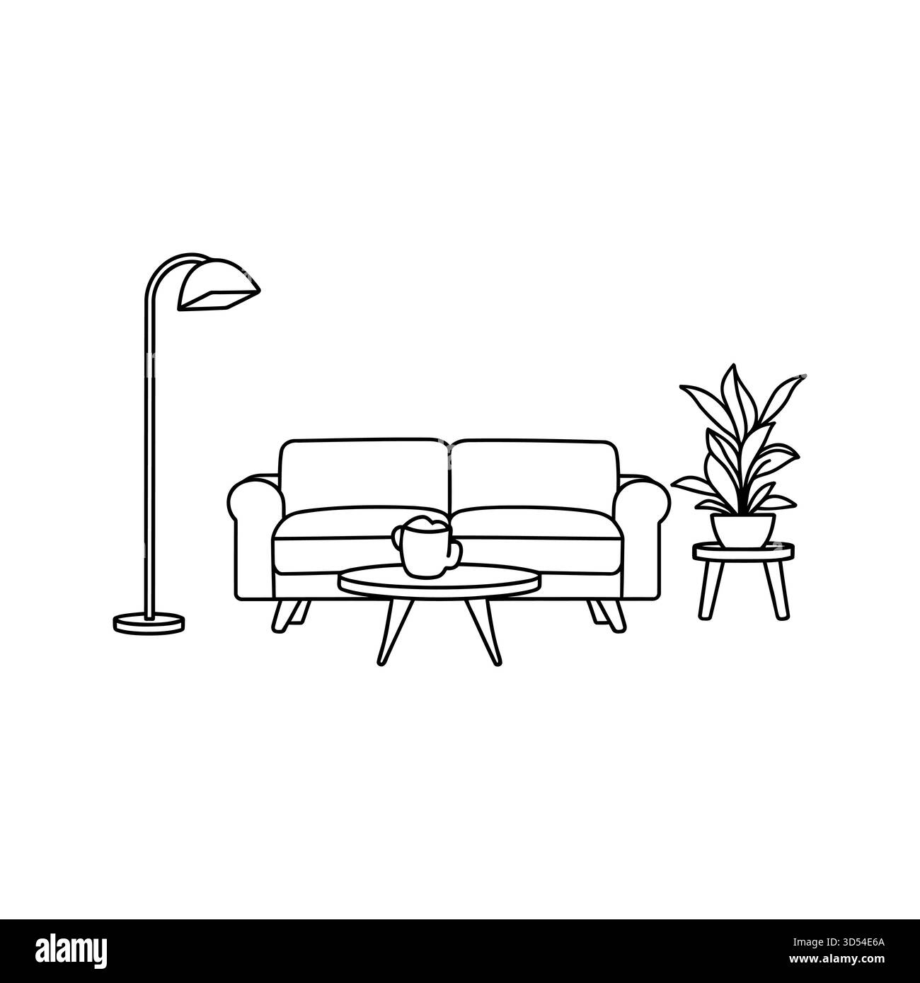 Meubles de salon dessinés à la main avec plante isolée sur fond blanc Illustration de Vecteur