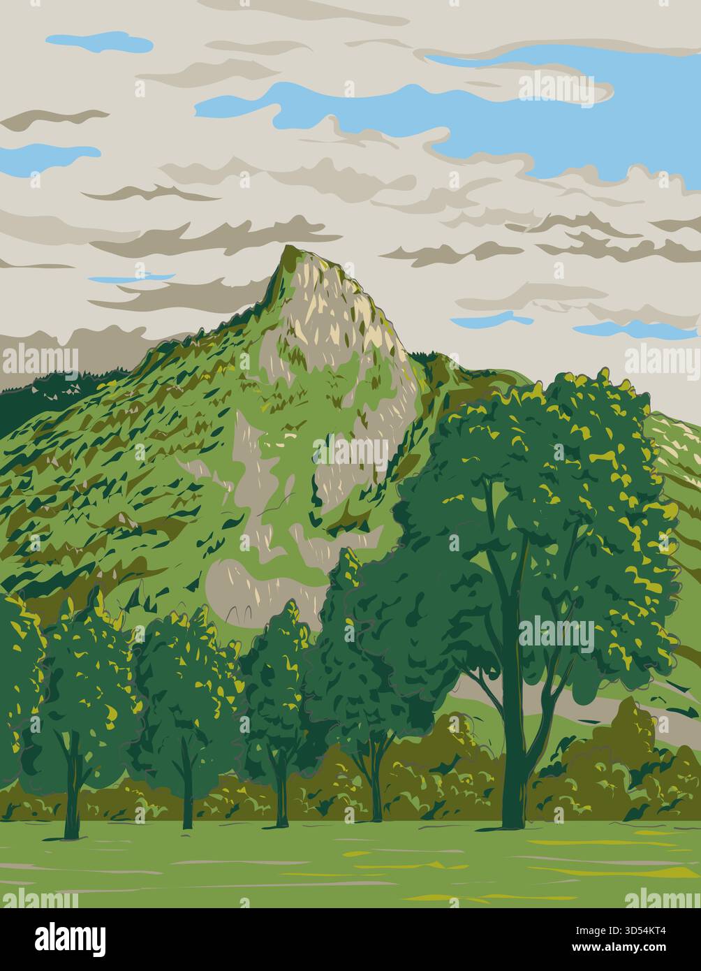 WPA style ukiyo-e ou ukiyo illustration de Kofel, Cervin d'Oberammergau dans le Parc naturel des Alpes d'Ammergau près d'Oberammergau, Bavière, Allemagne fait Illustration de Vecteur