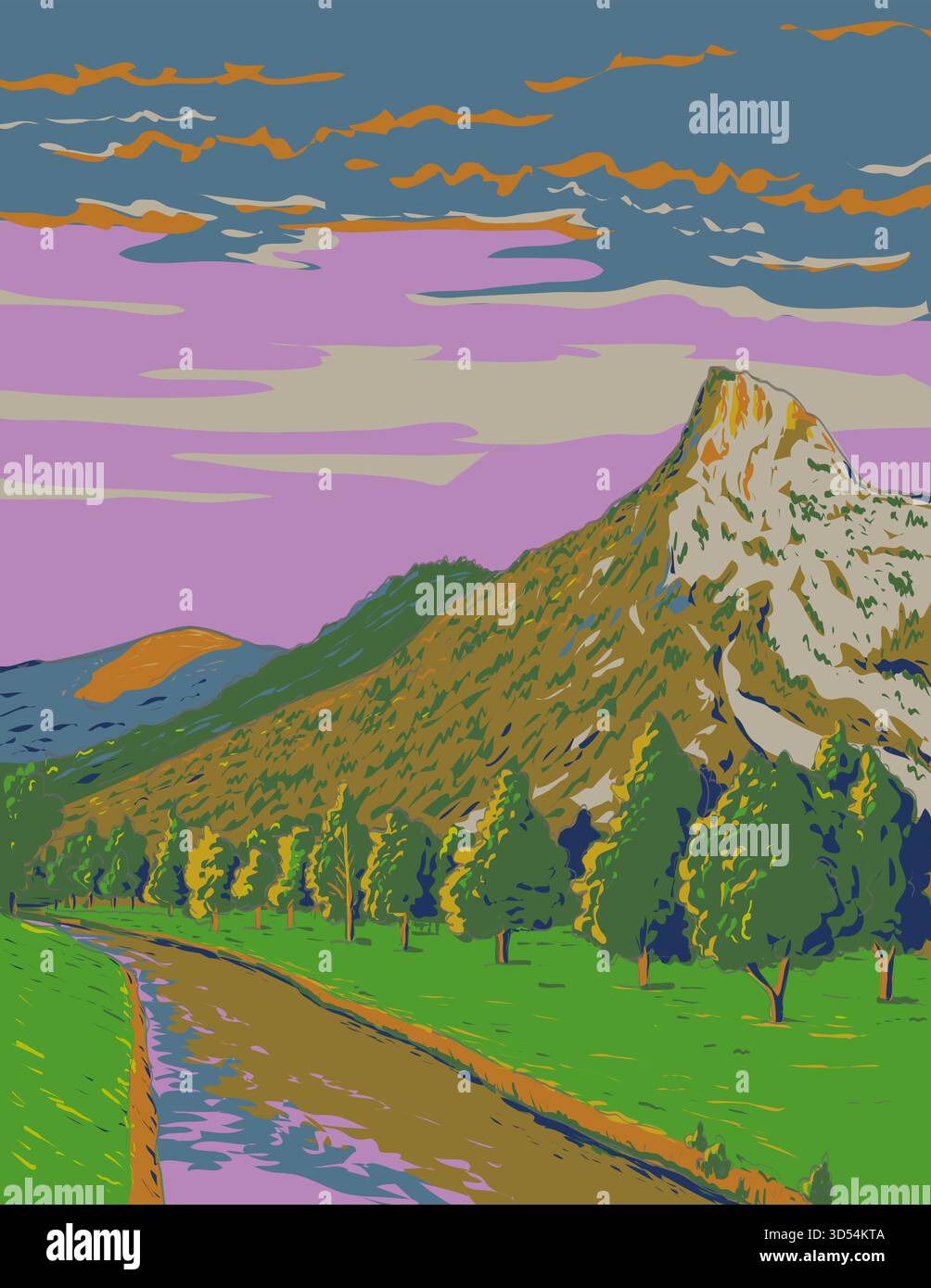 WPA style ukiyo-e ou ukiyo illustration de Kofel, Cervin d'Oberammergau dans le Parc naturel des Alpes d'Ammergau près d'Oberammergau, Bavière, Allemagne fait Illustration de Vecteur