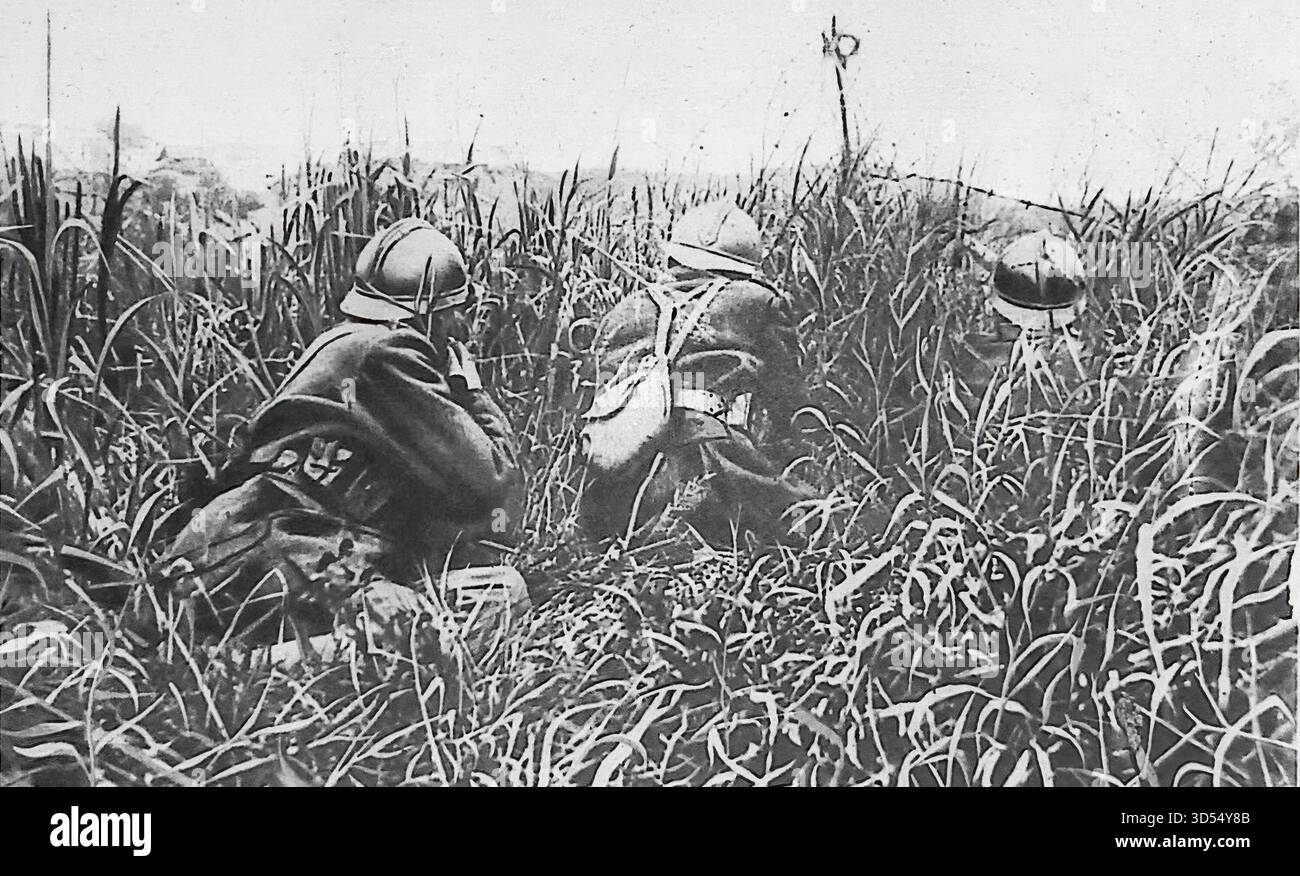 Le miroir, 6 octobre 1918. Les patrouilles belges avancent à travers les hautes herbes près de Dixmude, tirant vers un poste allemand isolé pendant les opérations continues après leur assaut nocturne réussi. Ces actions ont soutenu l'élargissement des positions le long du front inondé de Flandre alors que les forces belges poussaient sur le sol ennemi au début de septembre 1918. Banque D'Images