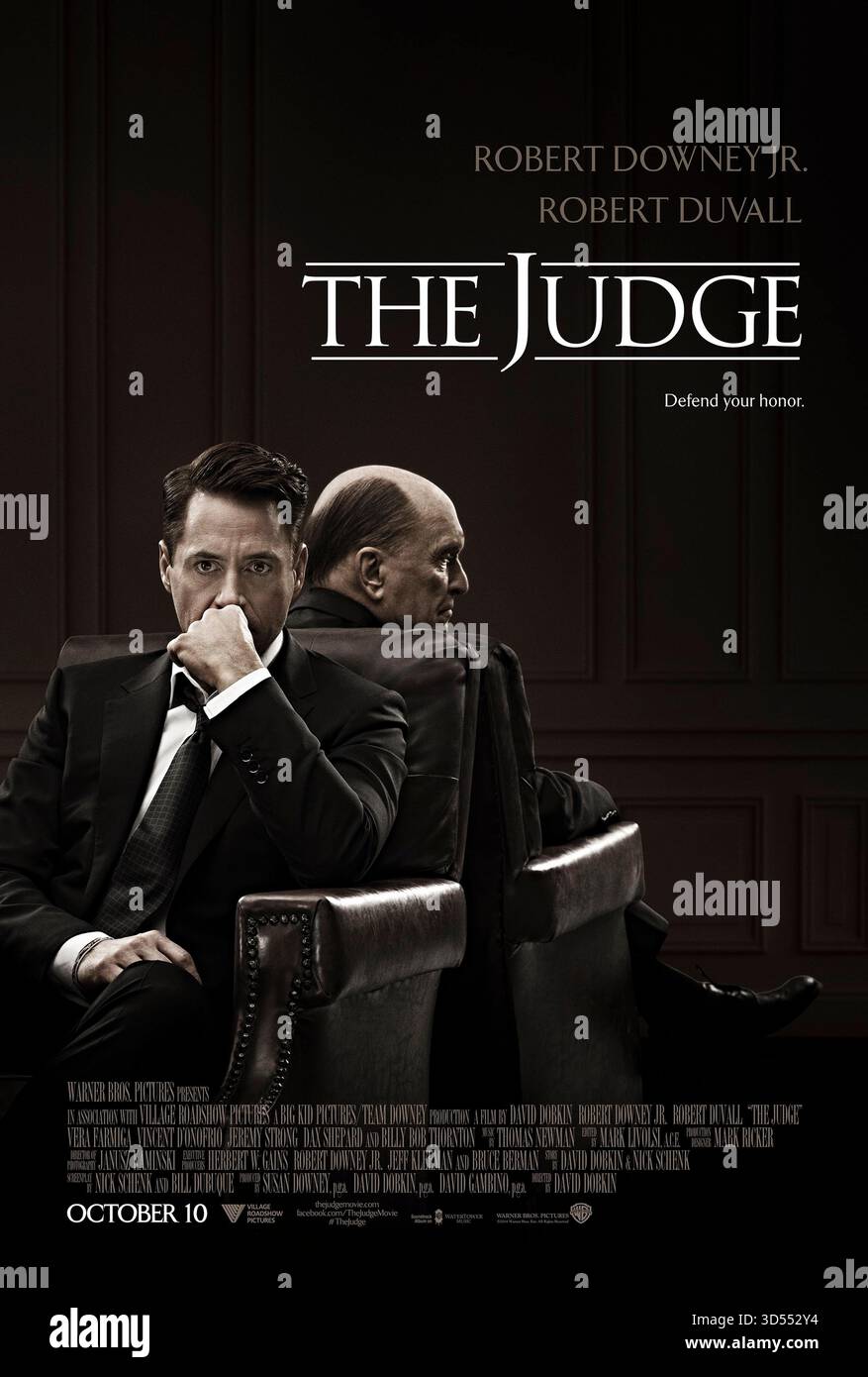 The Judge (2014) réalisé par David Dobkin et mettant en vedette Robert Downey Jr., Robert Duvall et Vera Farmiga. Un avocat de Chicago retourne dans sa ville natale pour défendre son père, un juge, accusé de meurtre. Affiche AMÉRICAINE À une feuille POUR USAGE ÉDITORIAL UNIQUEMENT. Crédit : BFA / Warner Bros Banque D'Images