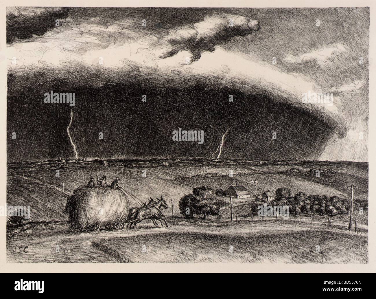 Illustration historique de la tempête de la ligne (1935) par John Steuart Curry, montrant un orage dramatique balayant les terres agricoles rurales avec la foudre frappant l'horizon alors que les agriculteurs conduisent un chariot tiré par des chevaux chargé de foin à travers le paysage sombre. Banque D'Images
