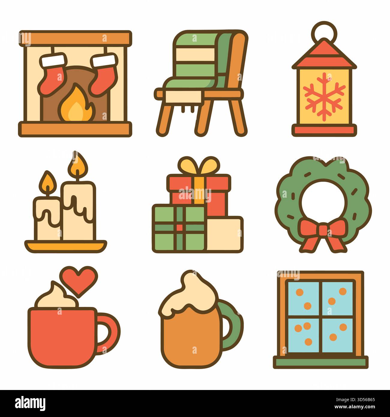 Ensemble d'icônes de Noël confortable avec cheminée, bougies, cadeaux, couronne, tasses, lanterne, chaise et fenêtre Illustration de Vecteur