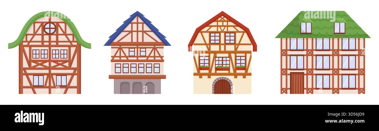 Ensemble isolé des maisons à colombages avec poutres apparentes à l'extérieur, créant Un style architectural charmant et distinctif populaire Illustration de Vecteur