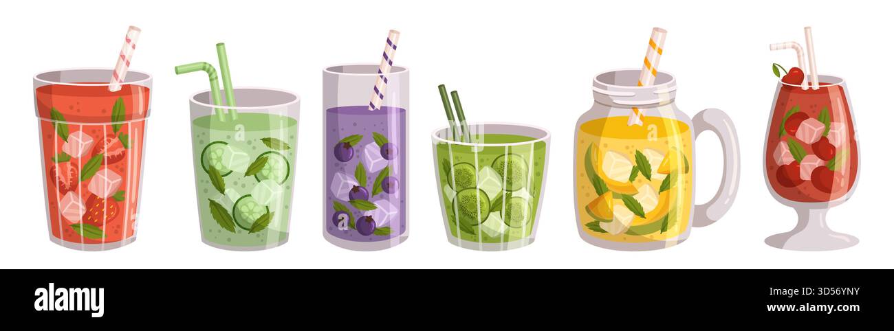 Ensemble de boissons aux fruits d'été. Fraise, concombre à la menthe, myrtille, citron vert ou citron, cocktails frais cerise avec baies mûres et fruits. Saison chaude Réf Illustration de Vecteur