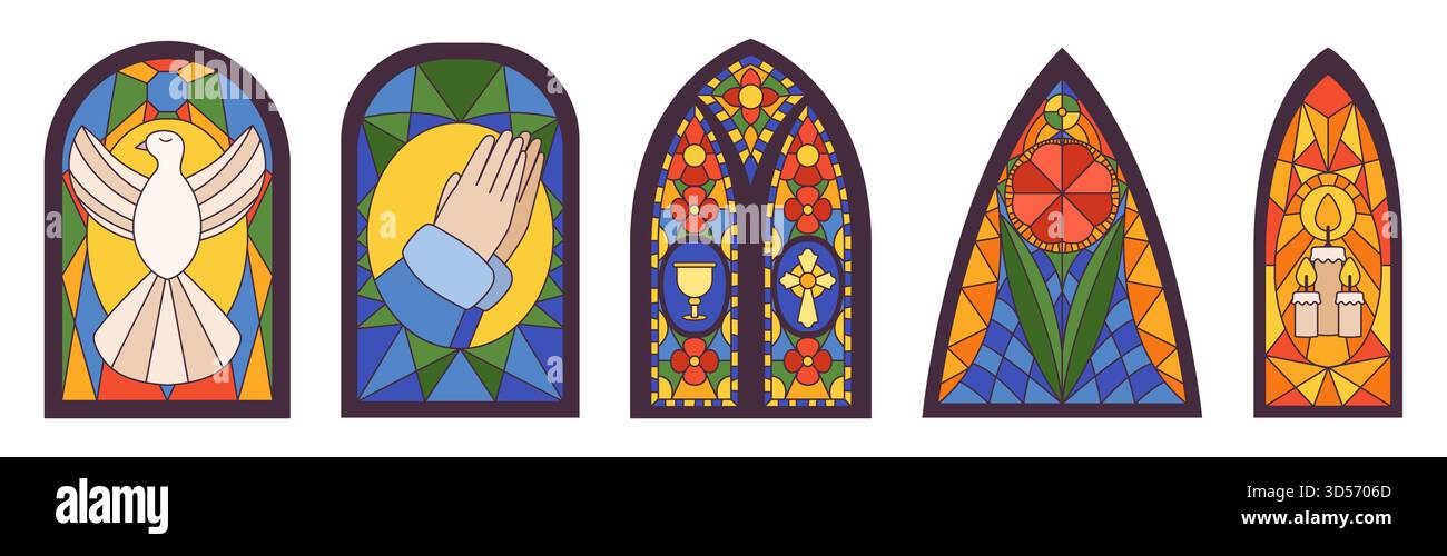 Ensemble de vitraux colorés gothiques. Arches de style ancien avec colombe colorée, mains de prière, tasse, croix, fleur ou bougies brûlantes mosaïque isolé Illustration de Vecteur
