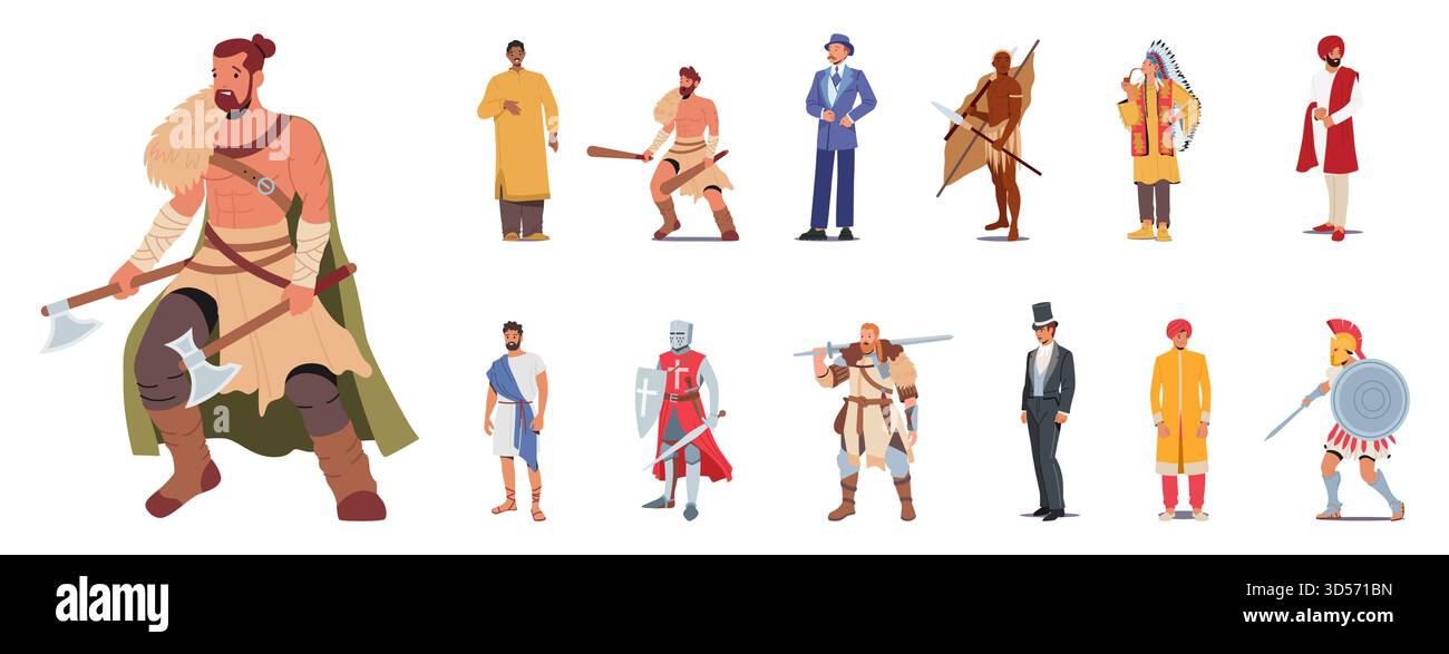 Ensemble de personnages masculins portent des costumes historiques. Viking, chef barbare et amérindien, indien, grec ou romain, gentleman victorien et Gladiato Illustration de Vecteur