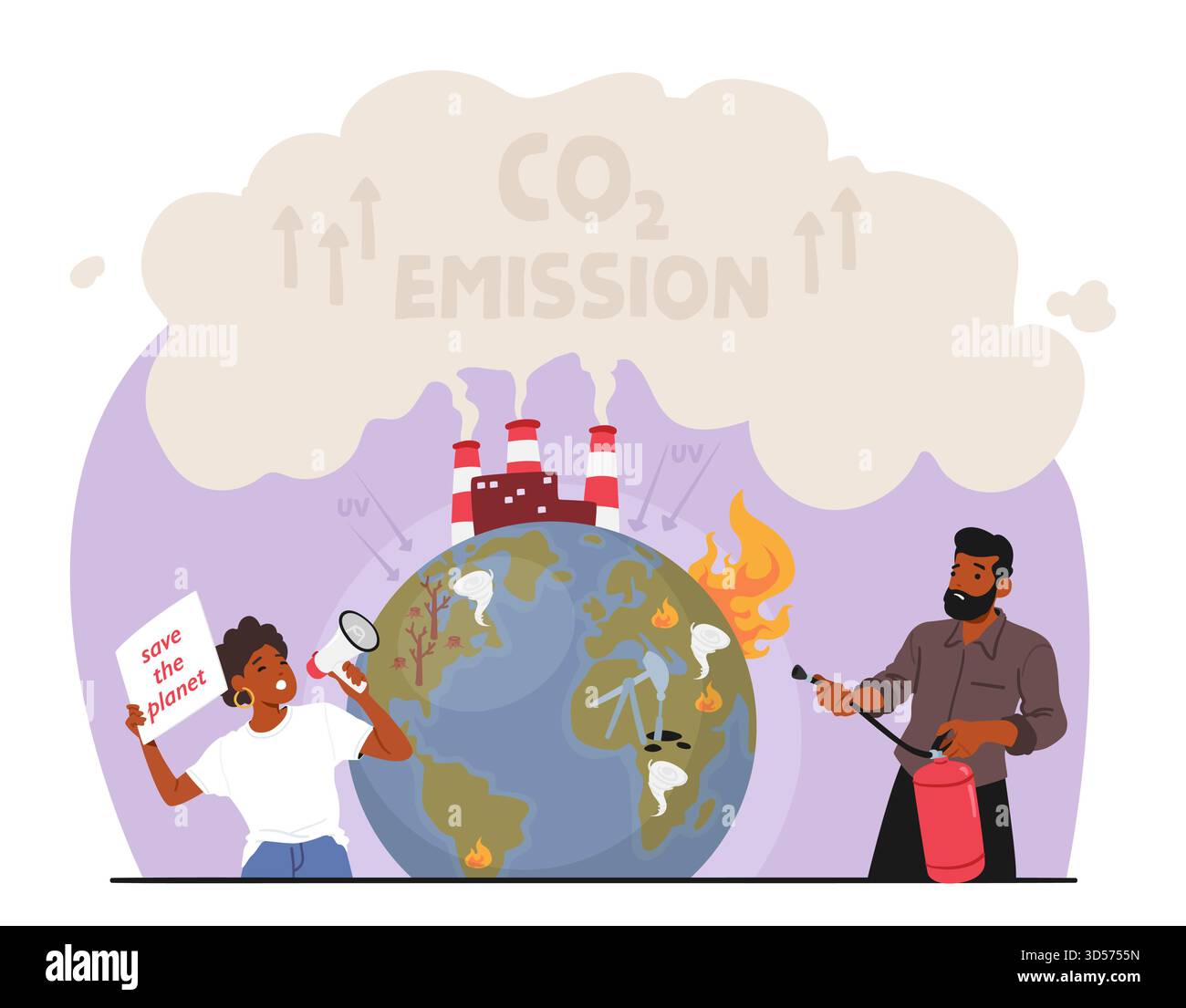Les gens protestent contre les changements climatiques. Leur voix unifiée appelle à Un avenir durable, exhortant les dirigeants à lutter contre les crises environnementales et à réduire C Illustration de Vecteur