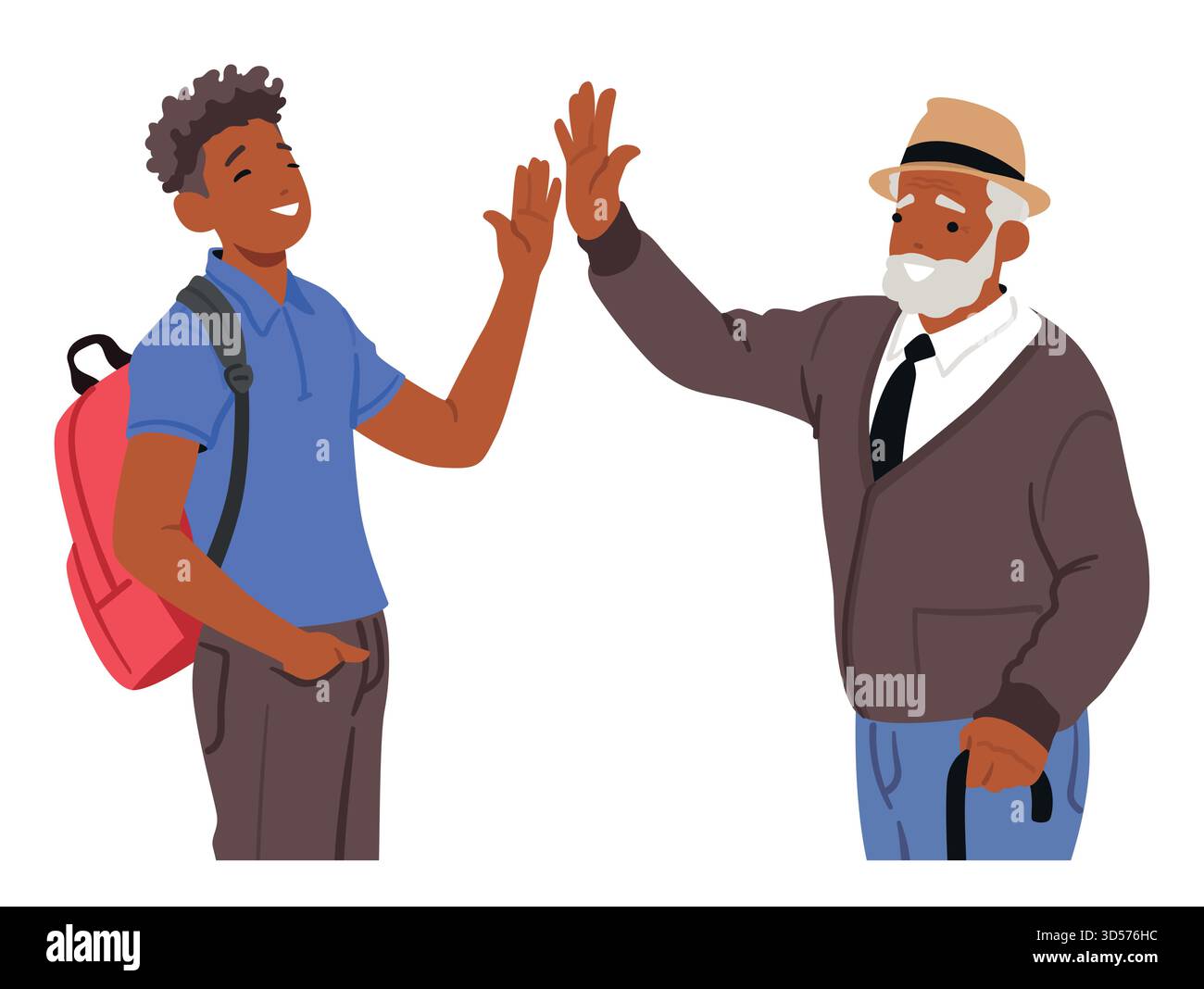 Les hommes jeunes et seniors partagent Un Triomphant High-Five, unissant les générations par Un geste de camaraderie et de respect mutuel. Personnages amitié et Illustration de Vecteur