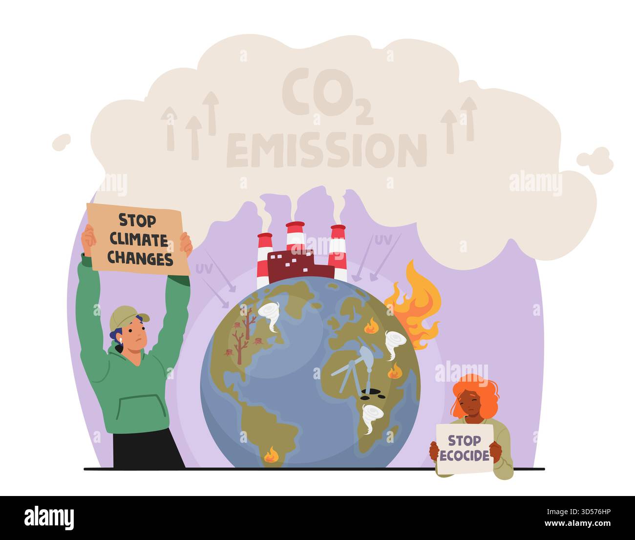 Personnage masculin avec Banner Call to Stop Climate change. Man proteste contre les émissions de CO2, plaide pour Un avenir durable, exhorte le changement à Prot Illustration de Vecteur