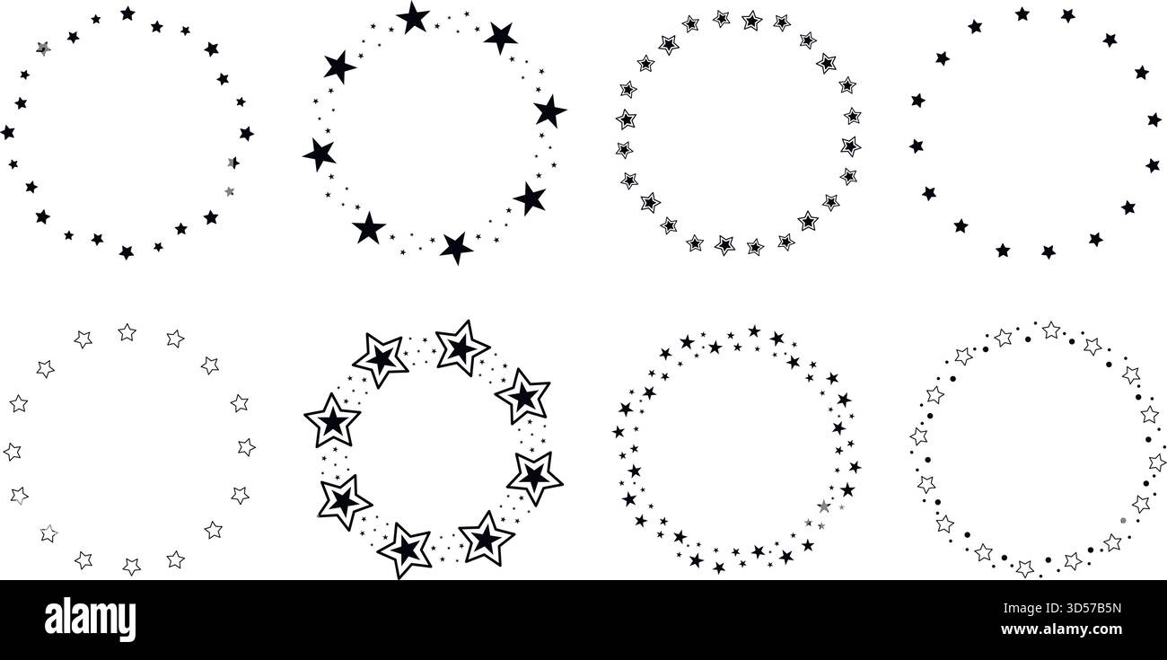 Ensemble de simples cadres en étoile ronds noirs. Les étoiles en cercle créent la jante. Modèle de formes circulaires avec copyspace d'étoiles. Eléments vectoriels Illustration de Vecteur