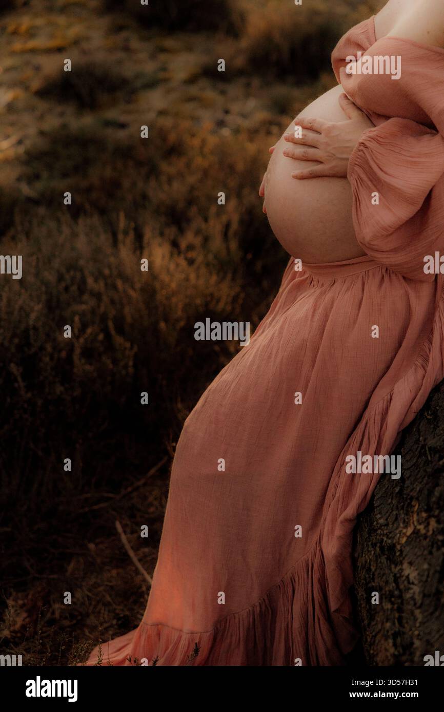 Gros plan d'une femme enceinte tenant son ventre à l'extérieur Banque D'Images