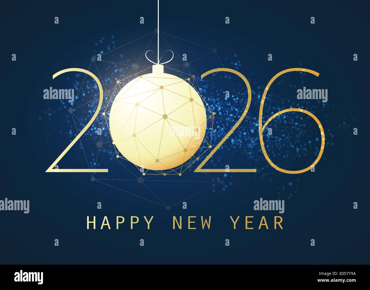 Carte de voeux de bonne année de style moderne doré et bleu foncé, modèle de conception vectorielle créative avec globe polygonal autour d'une boule de Noël sur Blue B Illustration de Vecteur
