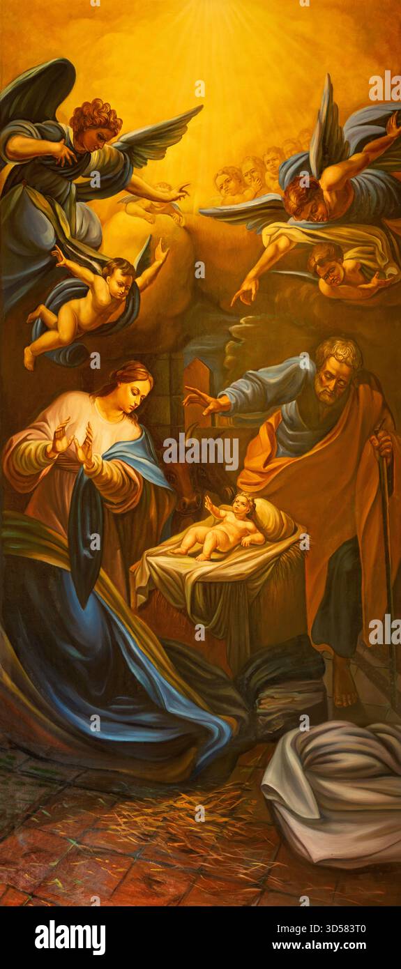 CAVA DE TIRRENI, ITALIE - 7 OCTOBRE 2025 : la peinture de la Nativité à Chiesa di San Francesco e Sant Antonio par un artiste inconnu avec les initiales H. B. Banque D'Images