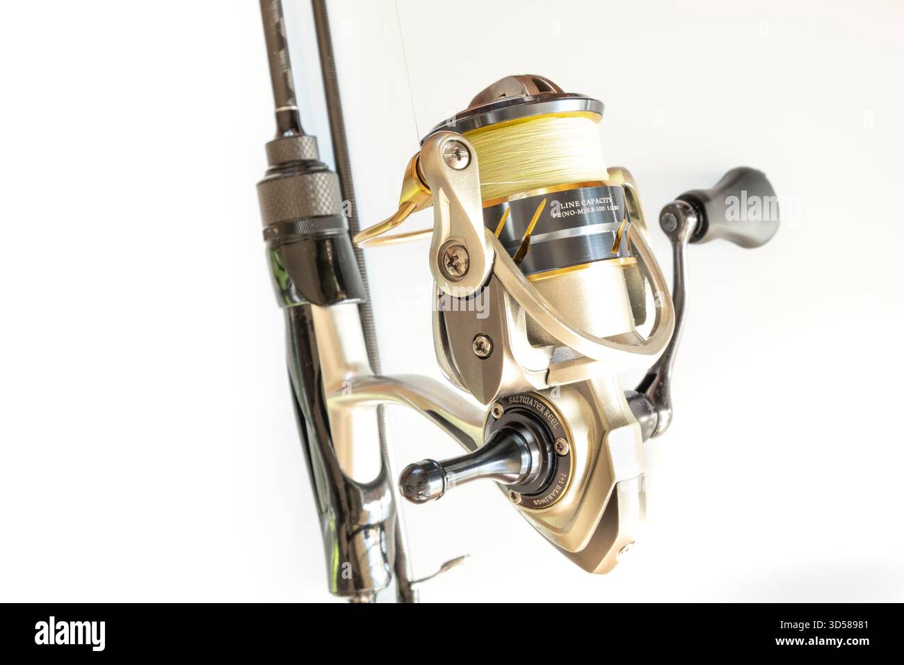 Moulinet de pêche de roche légère taille 2000 attaché sur une canne à pêche Banque D'Images
