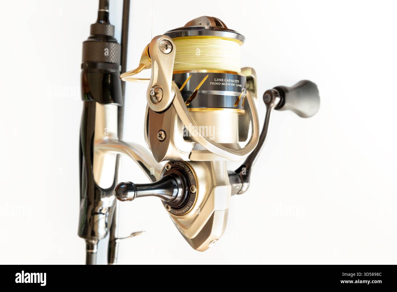 Moulinet de pêche de roche légère taille 2000 attaché sur une canne à pêche Banque D'Images