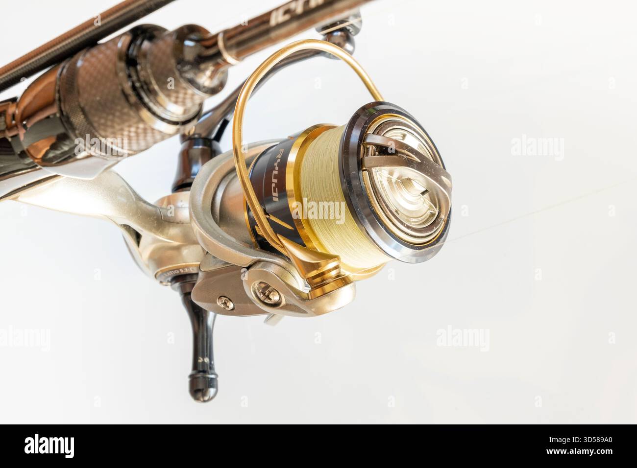 Moulinet de pêche de roche légère taille 2000 attaché sur une canne à pêche Banque D'Images