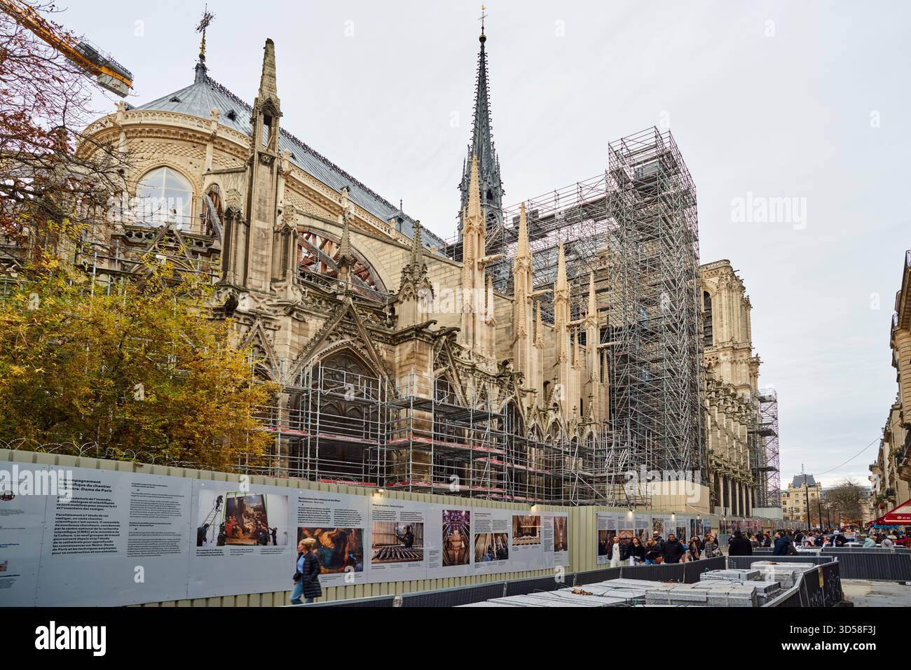 Le côté nord de la cathédrale notre-Dame, Paris, France, en novembre 2025, avec des travaux de restauration en cours et des échafaudages Banque D'Images