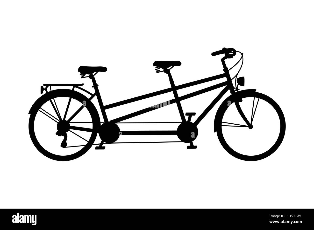 Une silhouette noire d'un vélo tandem, également connu sous le nom de vélo pour deux personnes, est représentée sur un fond blanc Uni. Illustration de Vecteur