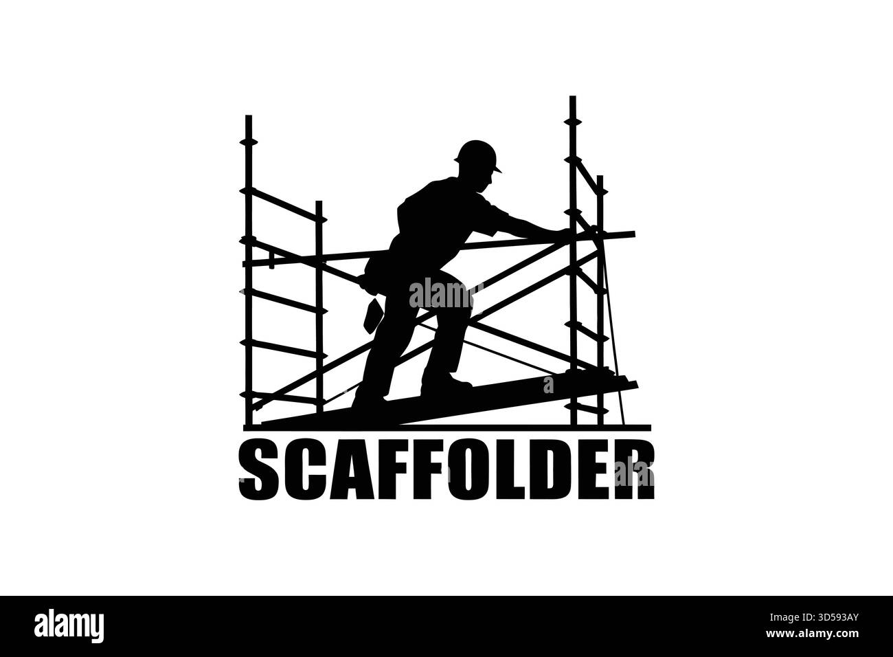 Silhouette noire d'un ouvrier sur un échafaudage, avec le mot « SCAFFOLDER » ci-dessous. Représente la construction et la main-d'œuvre. Illustration de Vecteur